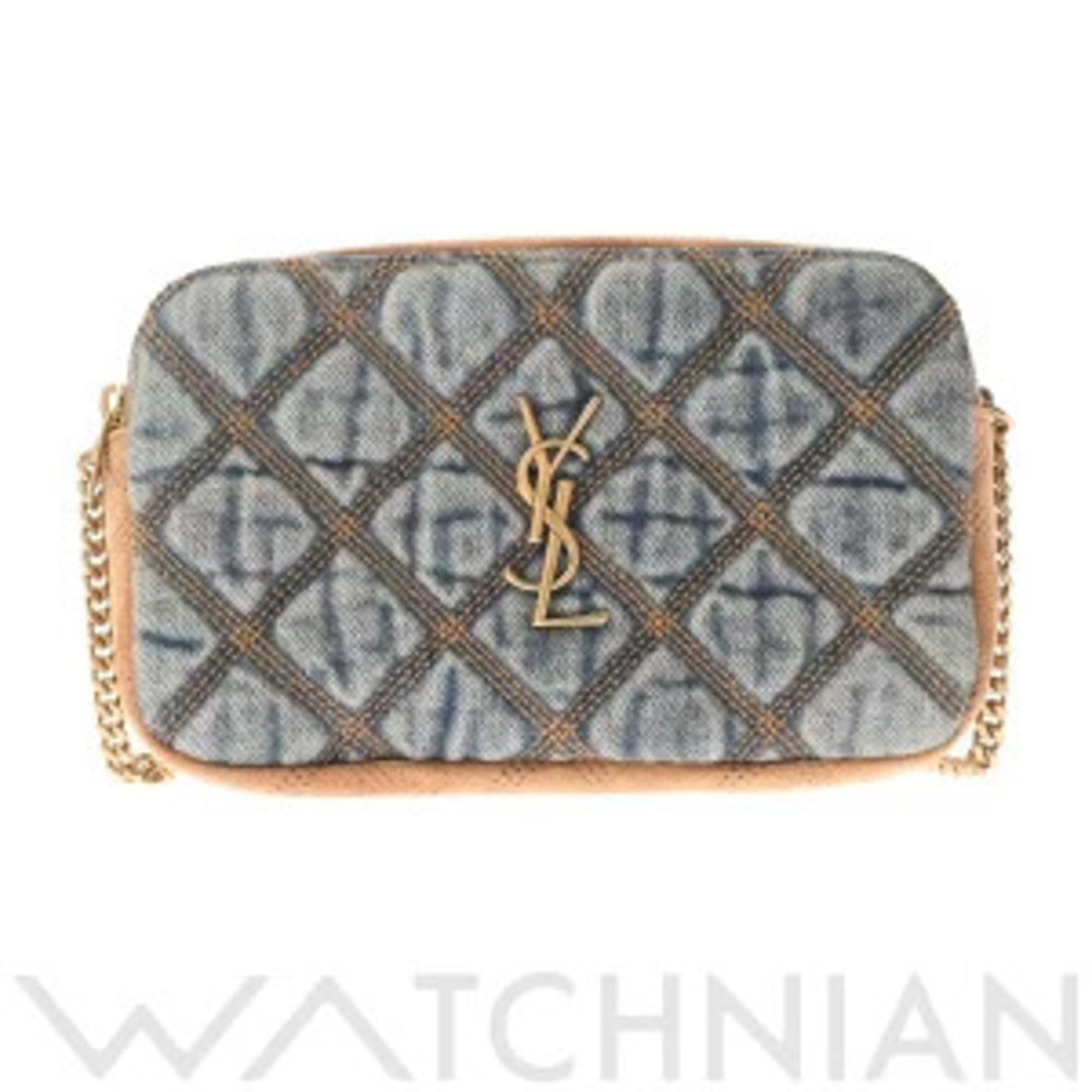 Saint Laurent BECKY Double Zip Shoulder Bag Blue Brown Denim Suede